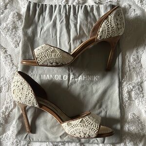Manolo Blahnik Cream Lace Heels with Intricate Detailing
